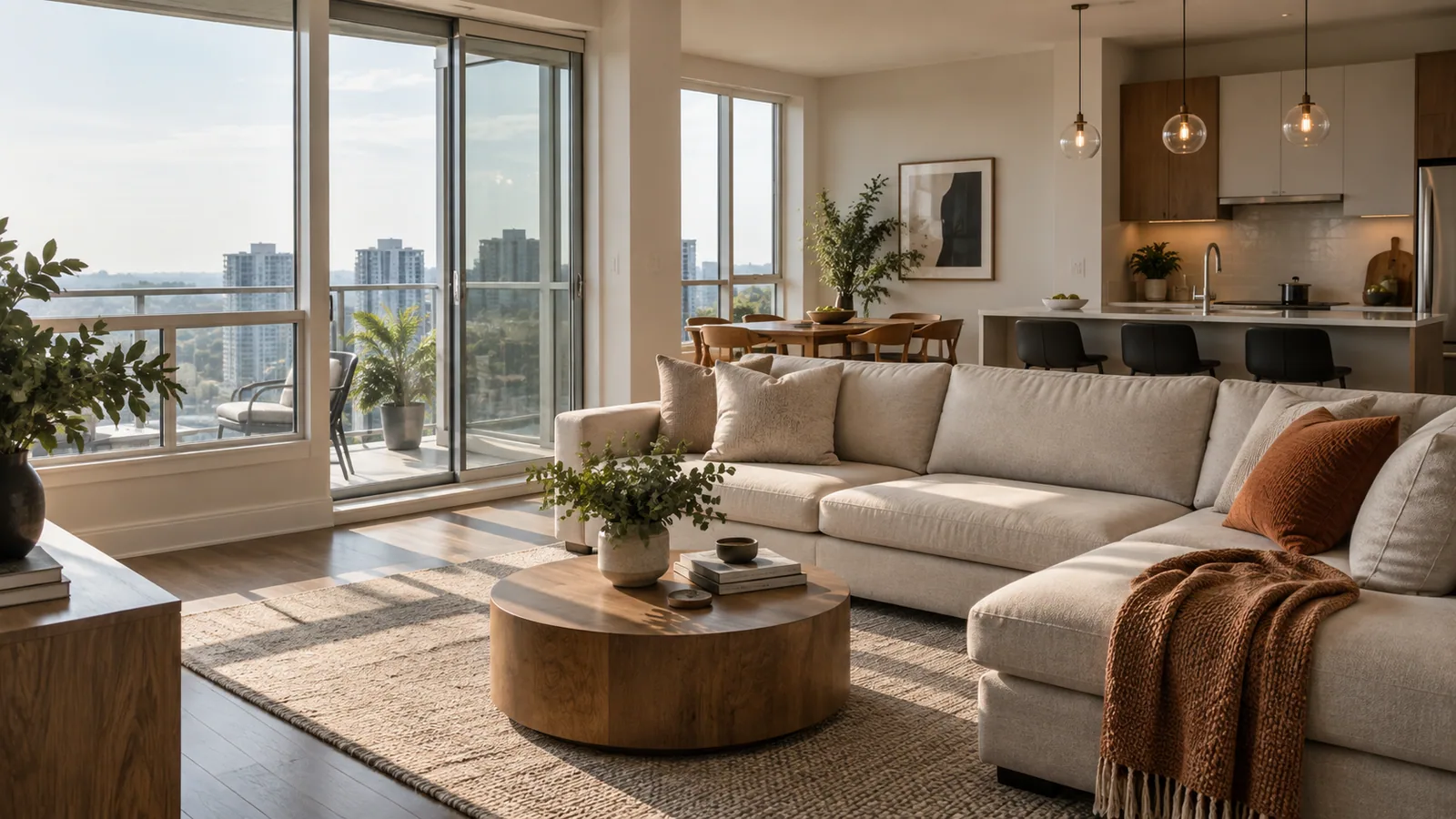 A clean, maintained Mississauga condo living room and kitchen